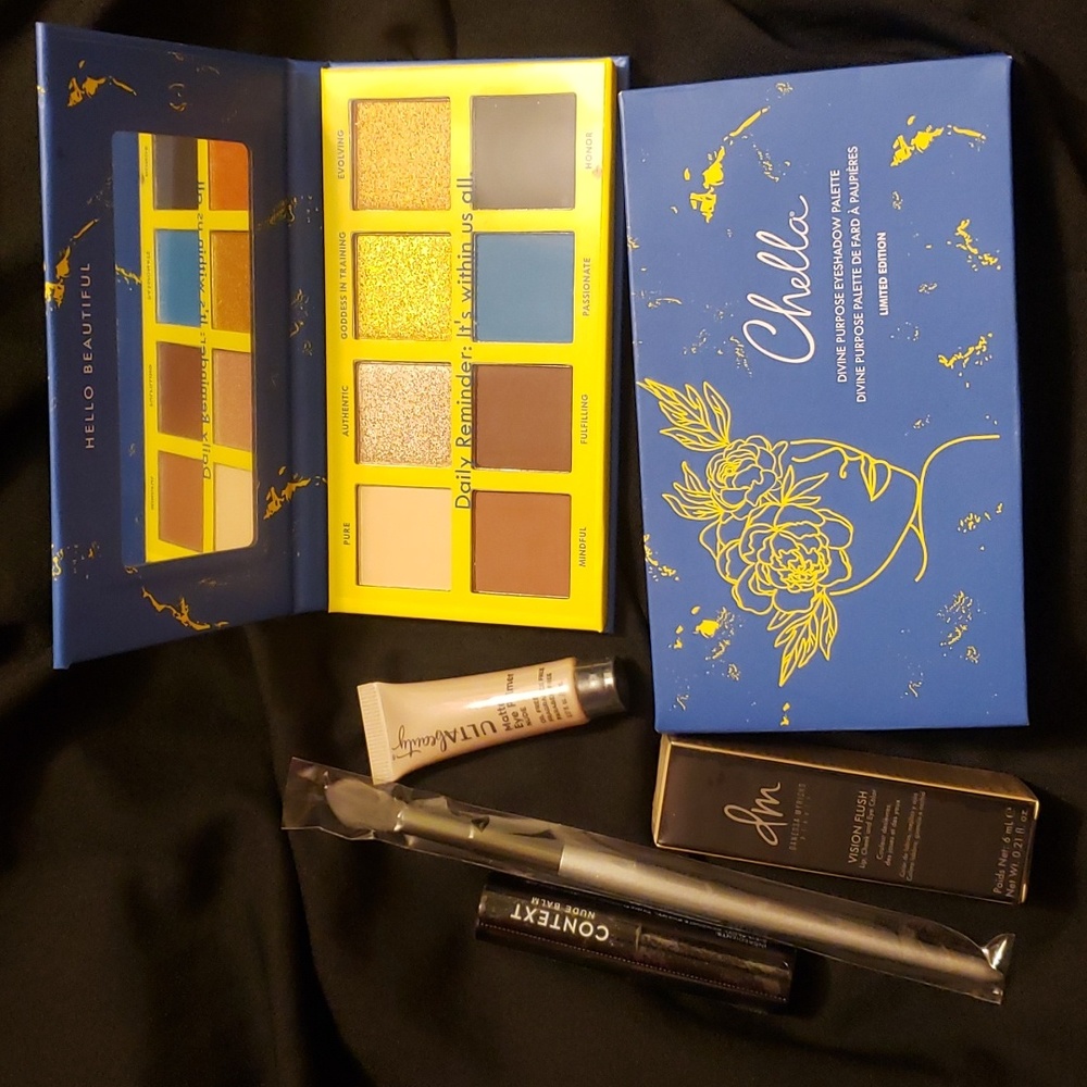 5 pc makeup Chella LE Divine Purpose Eye Palette, Context Balm, Highlighter +